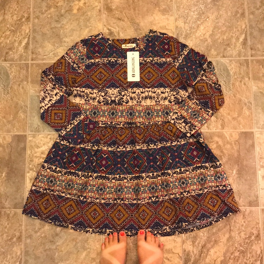 Hongjingling Tribal print long sleeve dress
